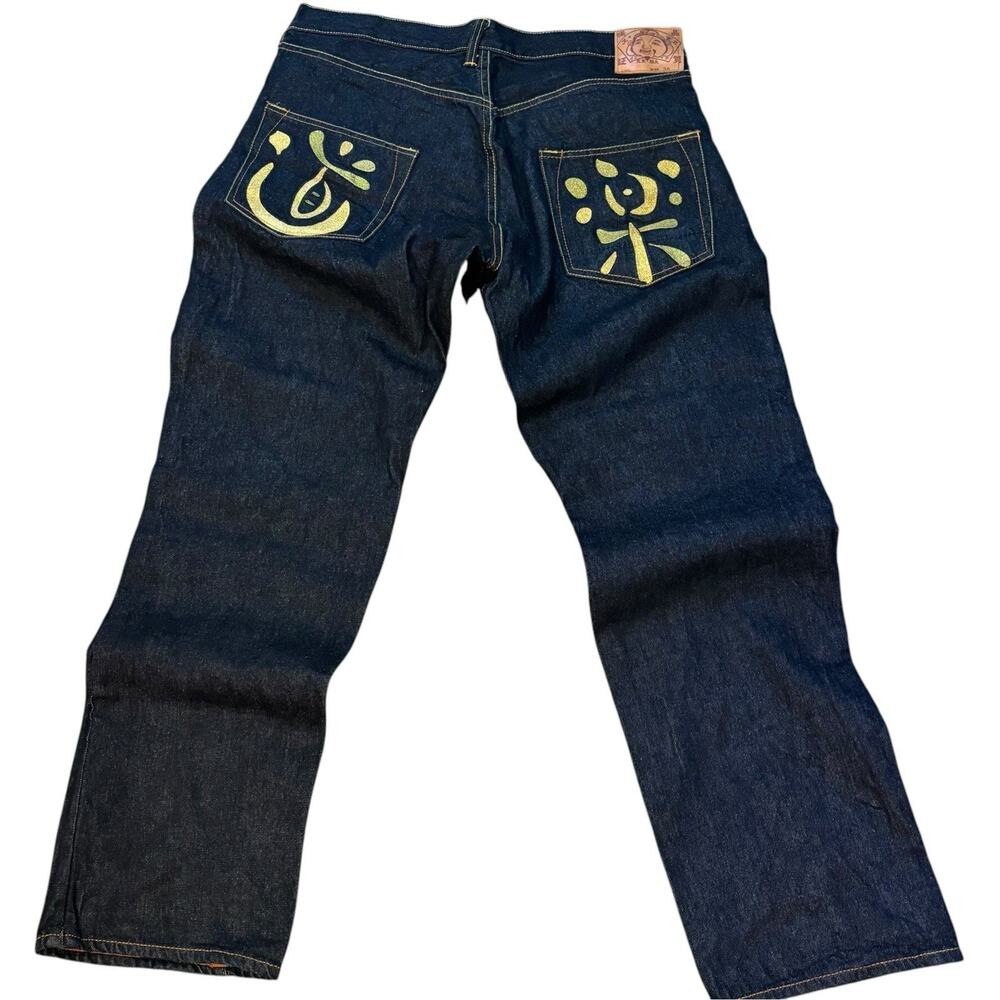 EVISU Indigo Genes Selvedge Jeans 38x34 Raw Rigid Denim Daicock Y2K Japan 97 cm